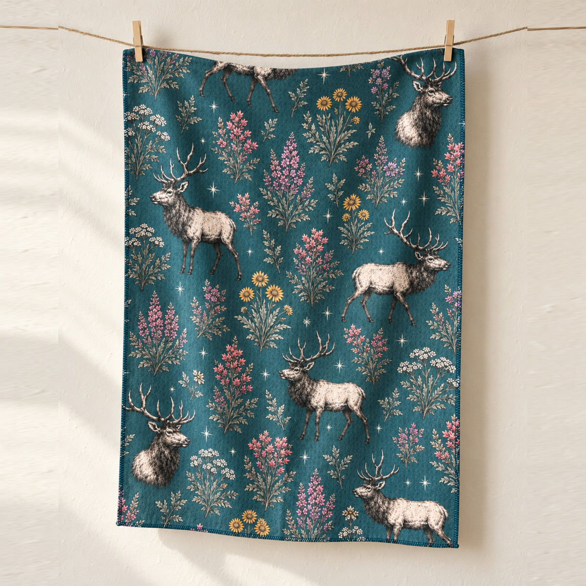 Elk and Wildflower tea towel with elk and botanical artwork on deep teal, clipped to a line
