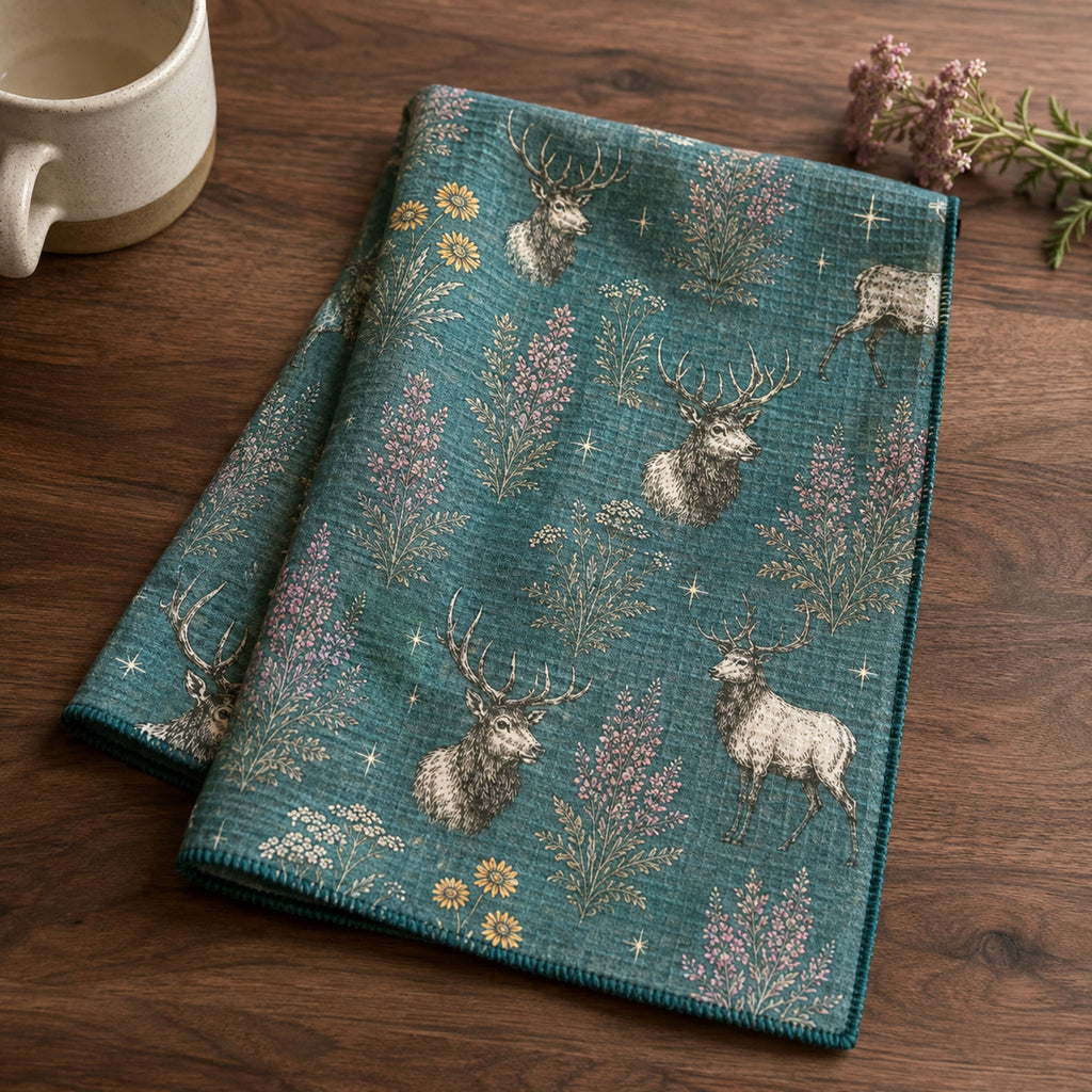 Folded teal Elk and Wildflower tea towel on a wooden surface beside a mug