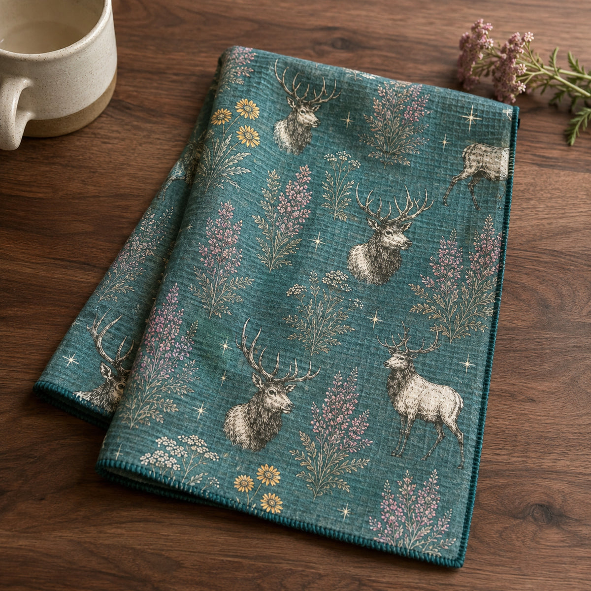 Folded teal Elk and Wildflower tea towel on a wooden surface beside a mug