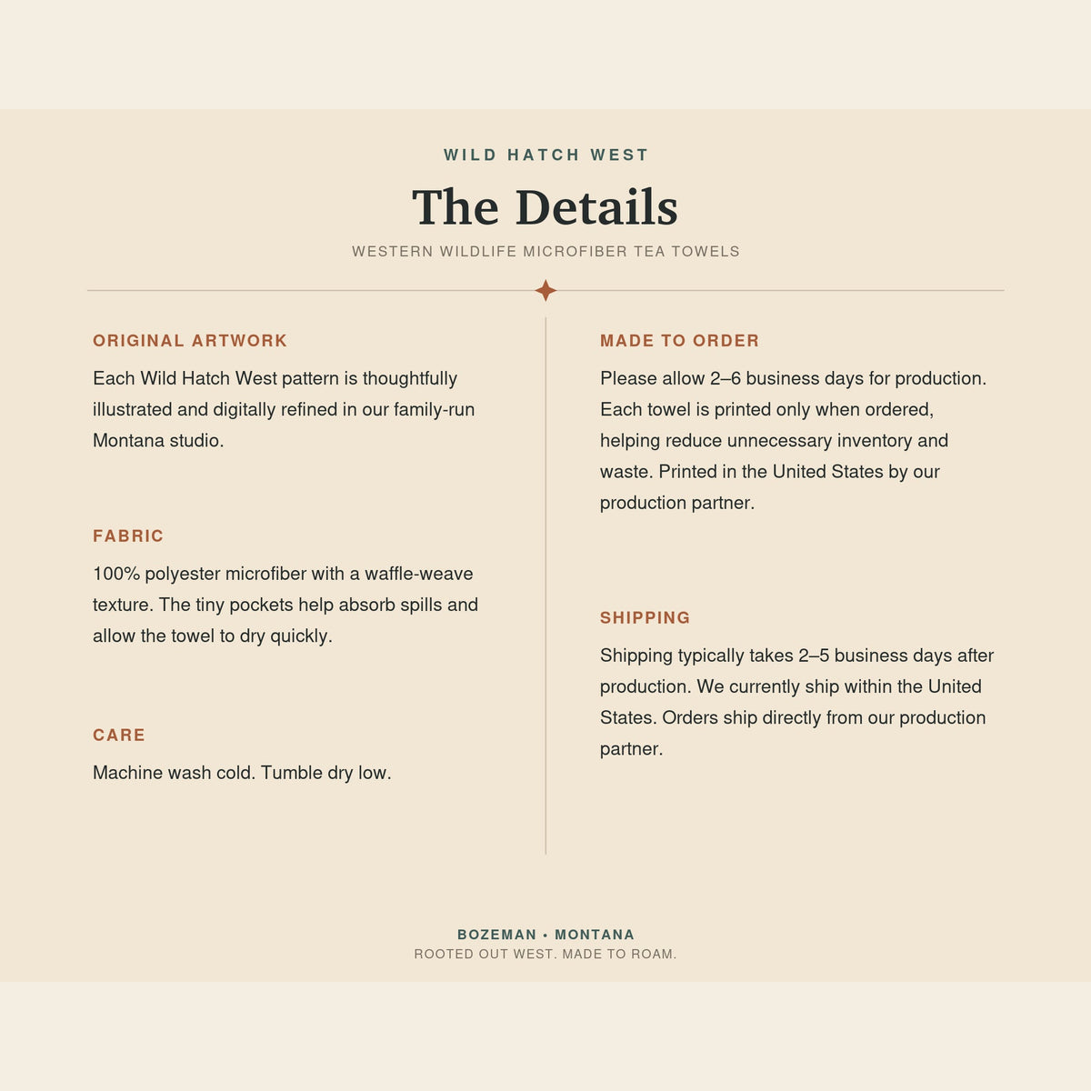 Wild Hatch West tea towel details card with artwork, fabric, care and made-to-order information