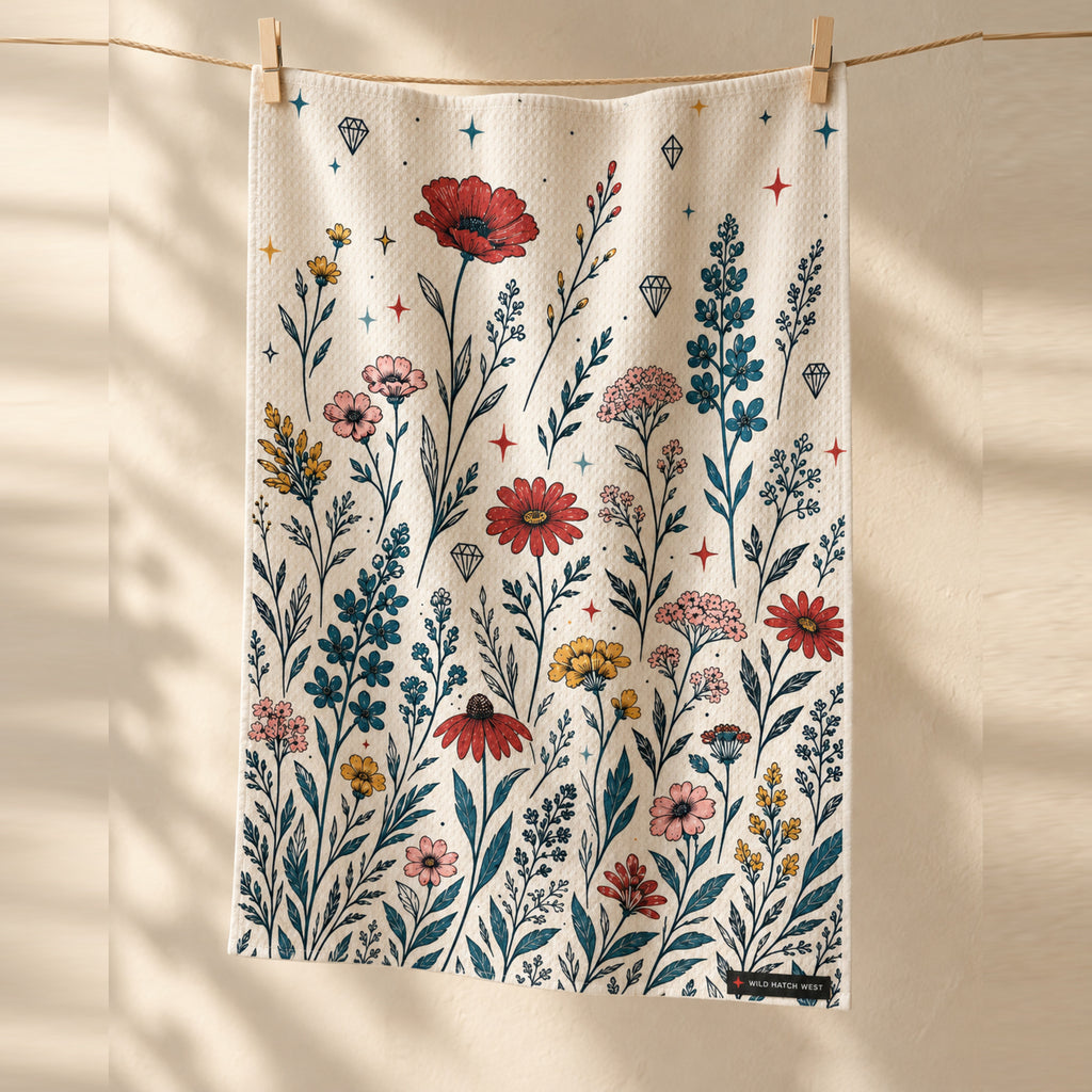 Flora and Diamond Bouquet tea towel with multicolored flowers hanging against a cream wall