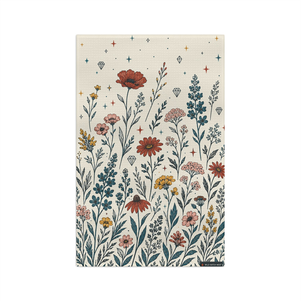 Flat front view of the Flora and Diamond Bouquet botanical tea towel