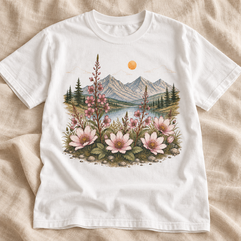 Bitterroot Meadow tee in White — artwork close-up