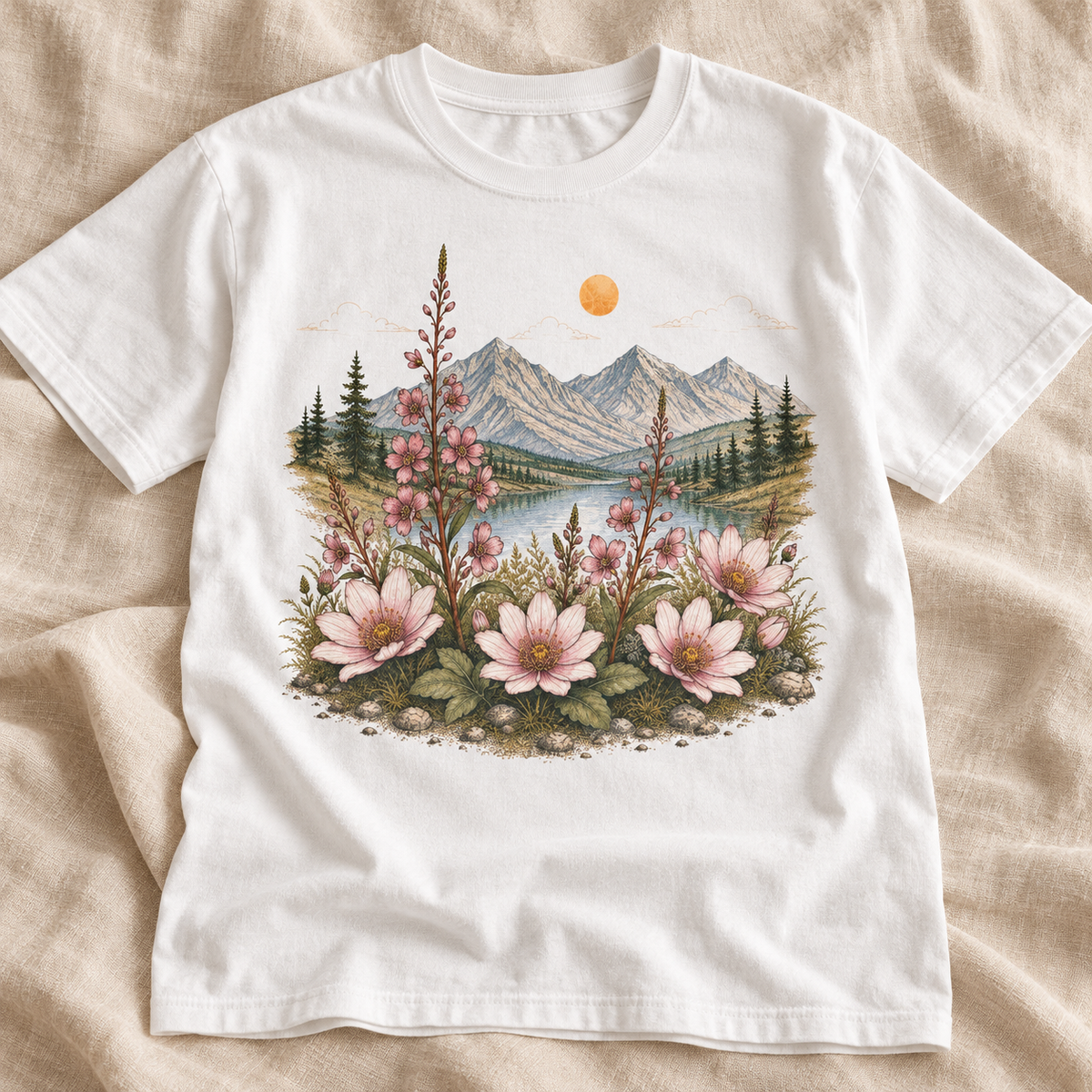 Bitterroot Meadow tee in White — artwork close-up