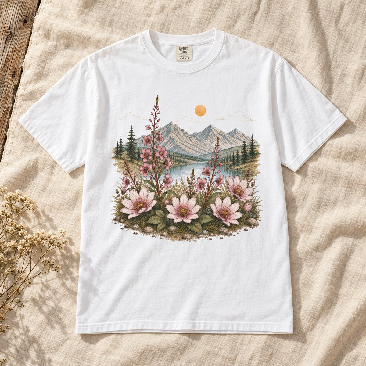 Bitterroot Meadow tee in White — studio flat lay