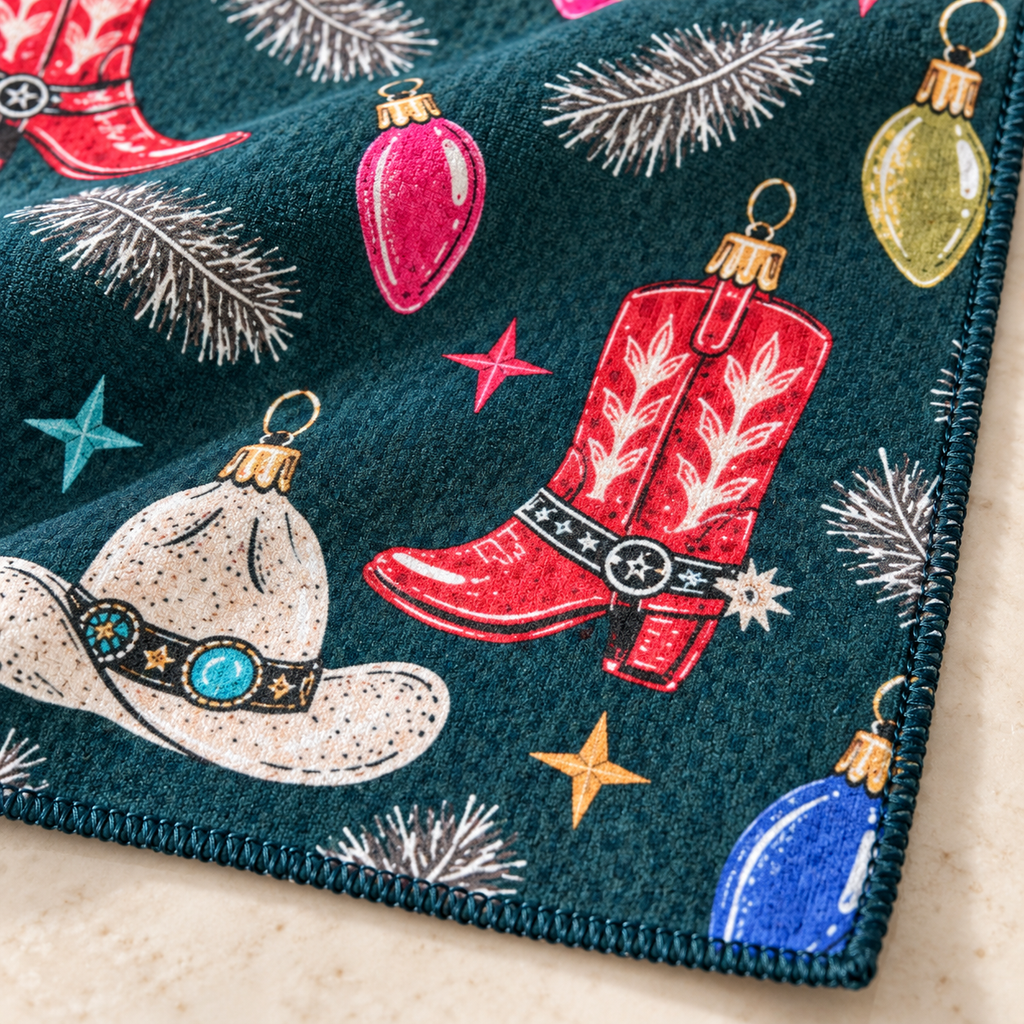 Cowboy Christmas tea towel — fabric detail, subtle waffle texture and matching overlocked edges
