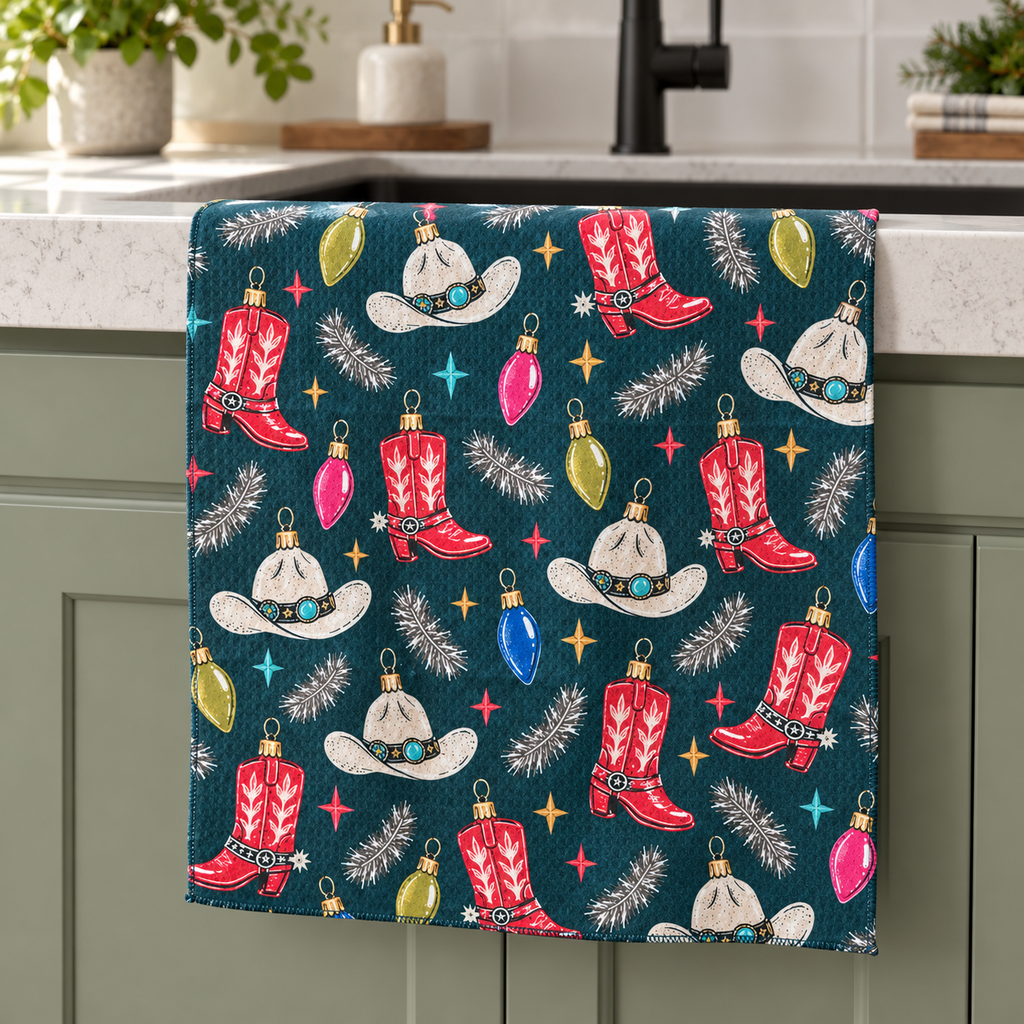 Cowboy Christmas Microfiber Tea Towel — kitchen view