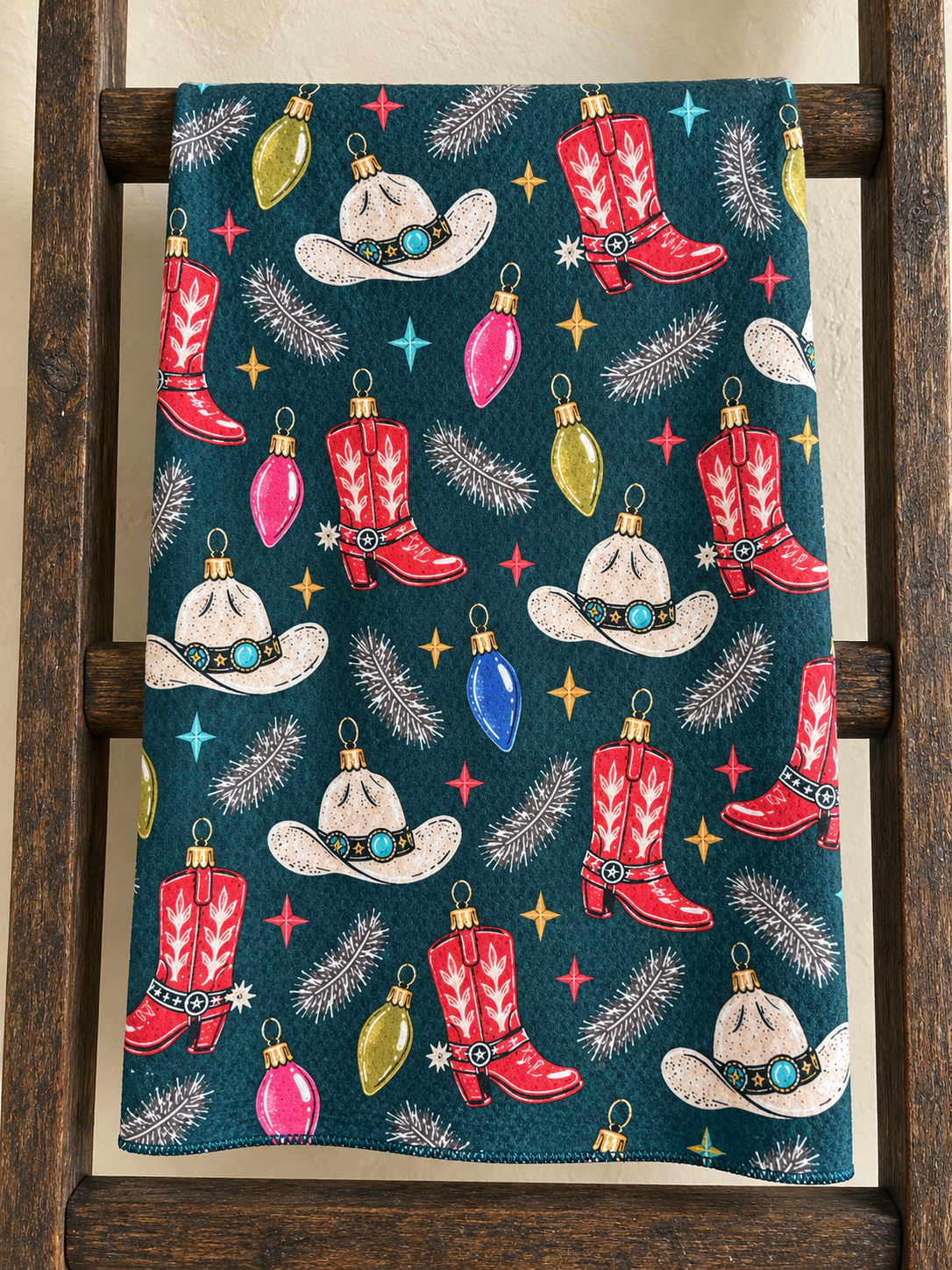Cowboy Christmas tea towel — ladder, subtle waffle texture and matching overlocked edges