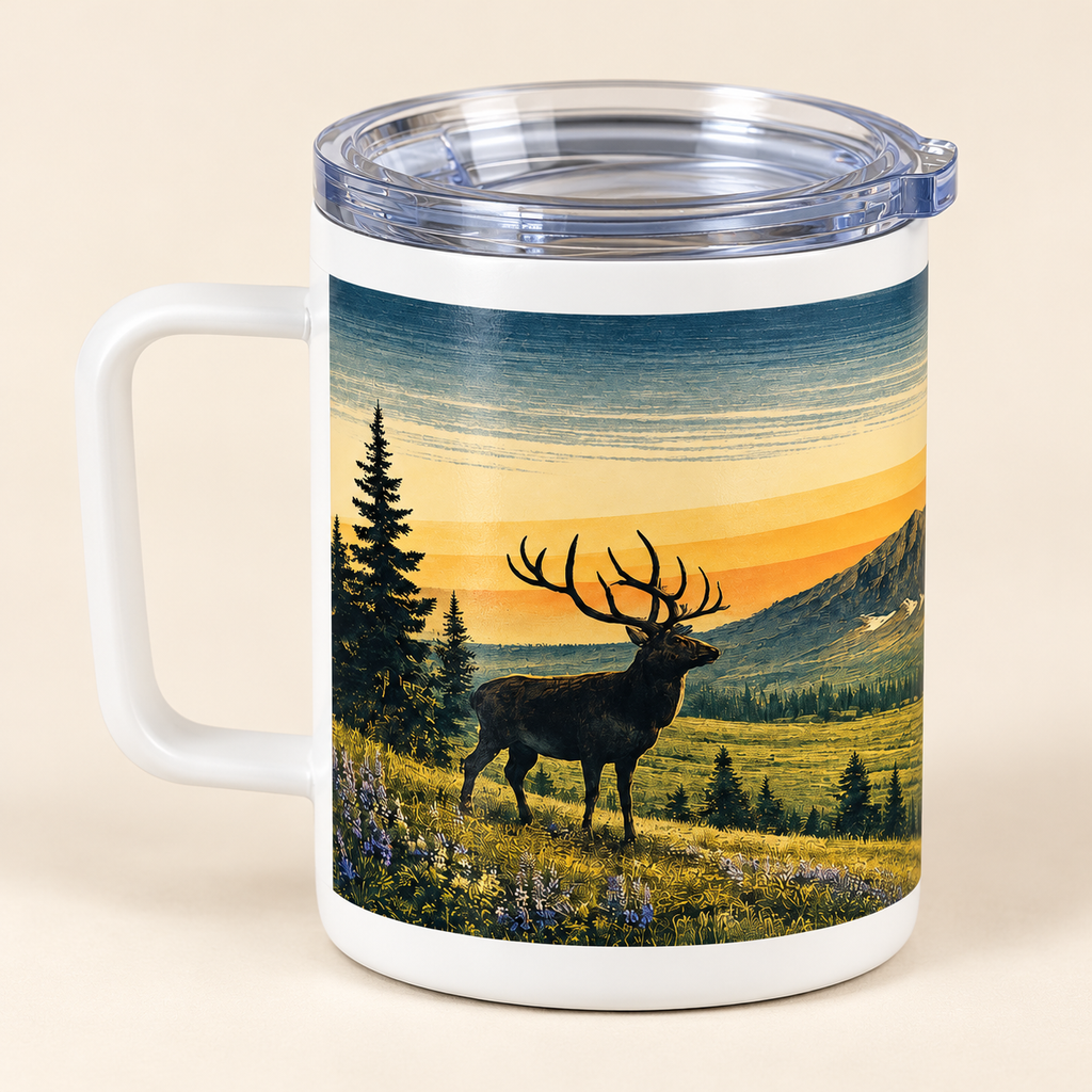 elk mountain meadow 10 oz travel mug with clear lid on a cream studio background