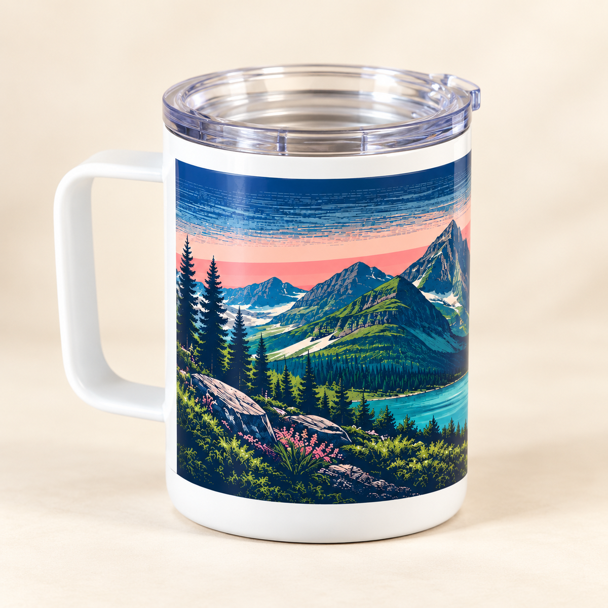glacier mountain lake 10 oz travel mug with clear lid on a cream studio background
