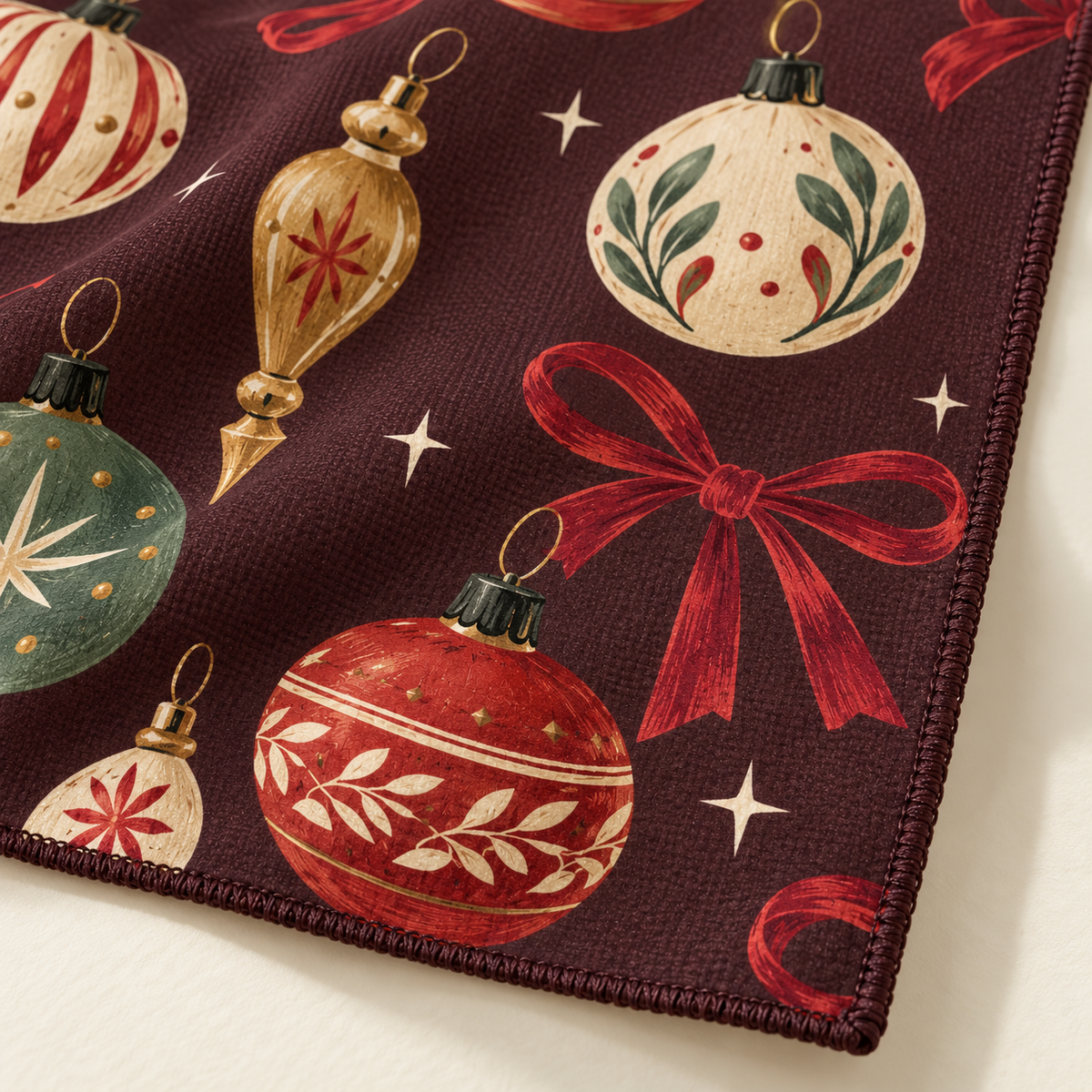 Heirloom Ornaments tea towel — fabric detail, subtle waffle texture and matching overlocked edges