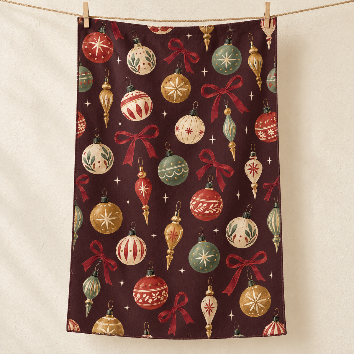 Heirloom Ornaments tea towel — hero, subtle waffle texture and matching overlocked edges