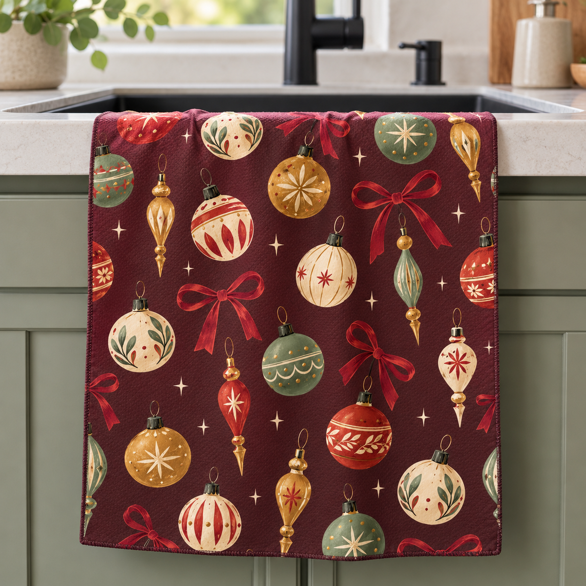 Heirloom Ornaments tea towel — kitchen, subtle waffle texture and matching overlocked edges
