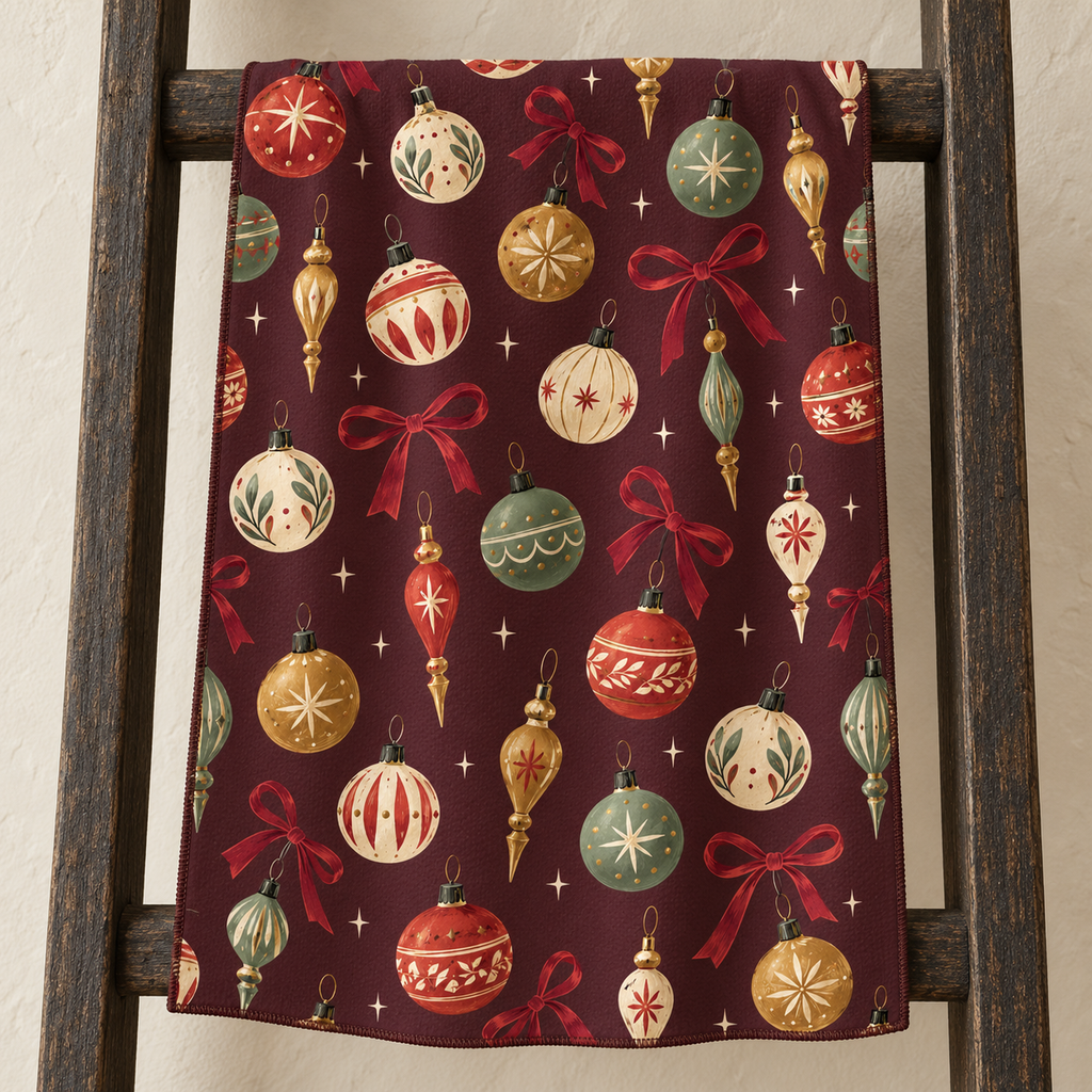 Heirloom Ornaments tea towel — ladder, subtle waffle texture and matching overlocked edges
