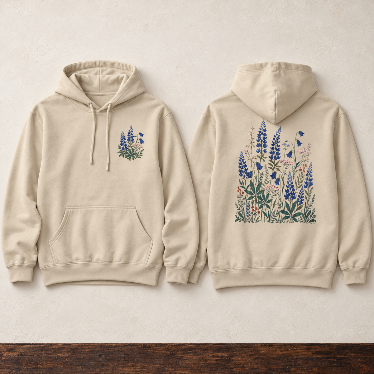 Sand botanical hoodie front and back with blue lupine and bluebell wildflower artwork