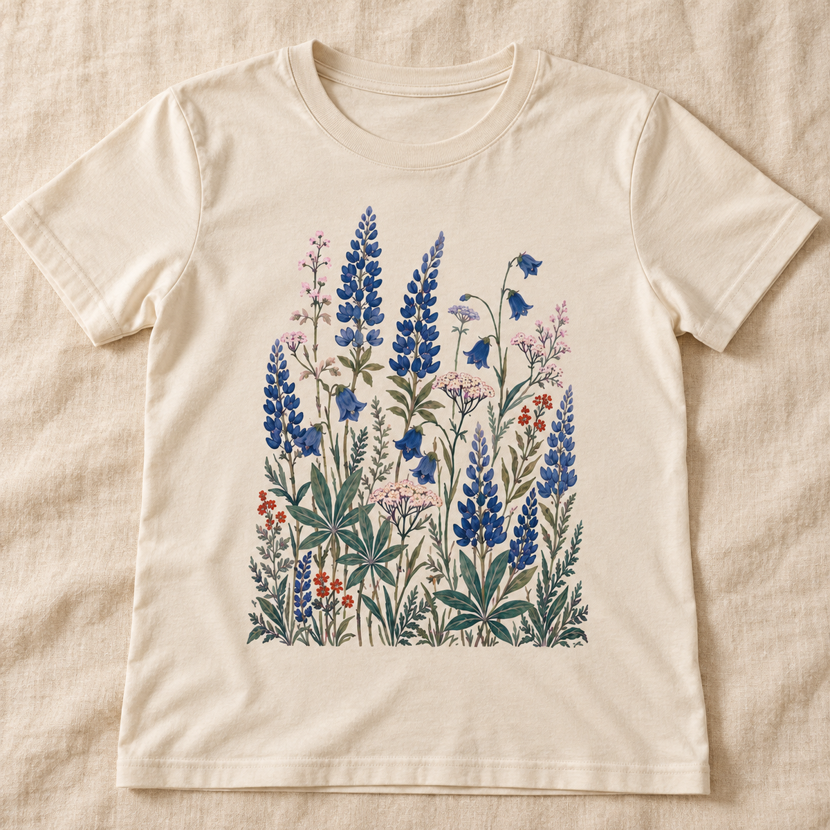 Lupine & Bellflower women's tee in Ecru — artwork close-up