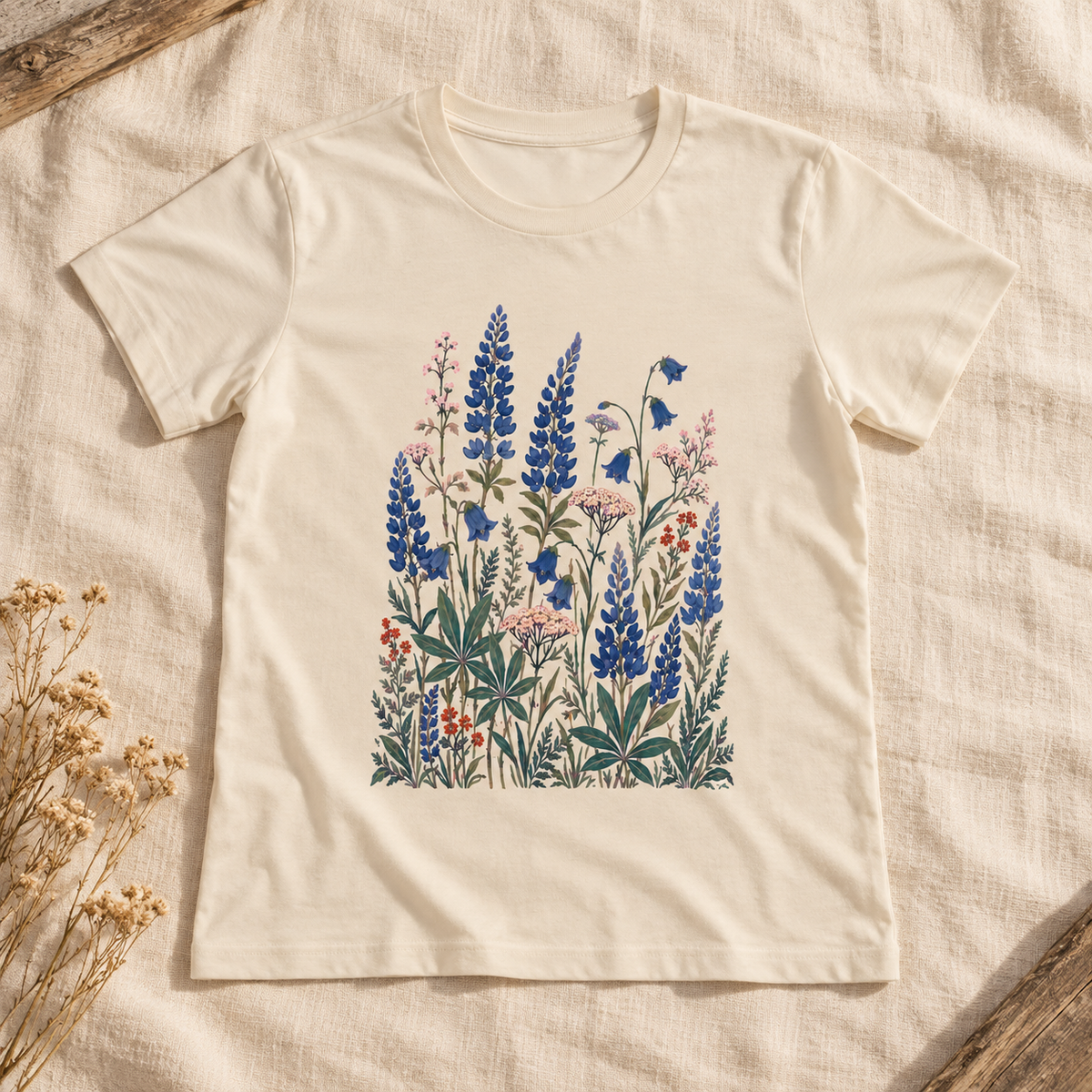 Lupine & Bellflower women's tee in Ecru — studio flat lay