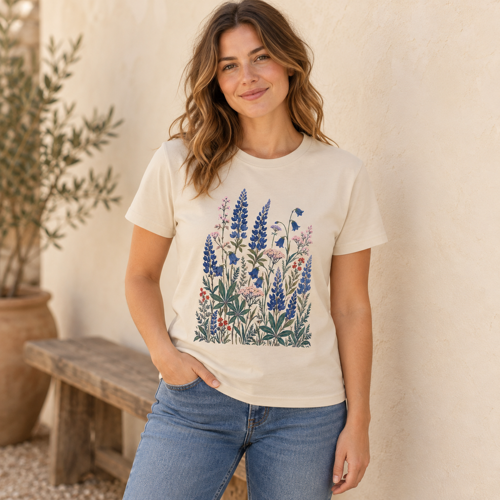 Lupine & Bellflower women's tee in Ecru — women’s lifestyle mock-up