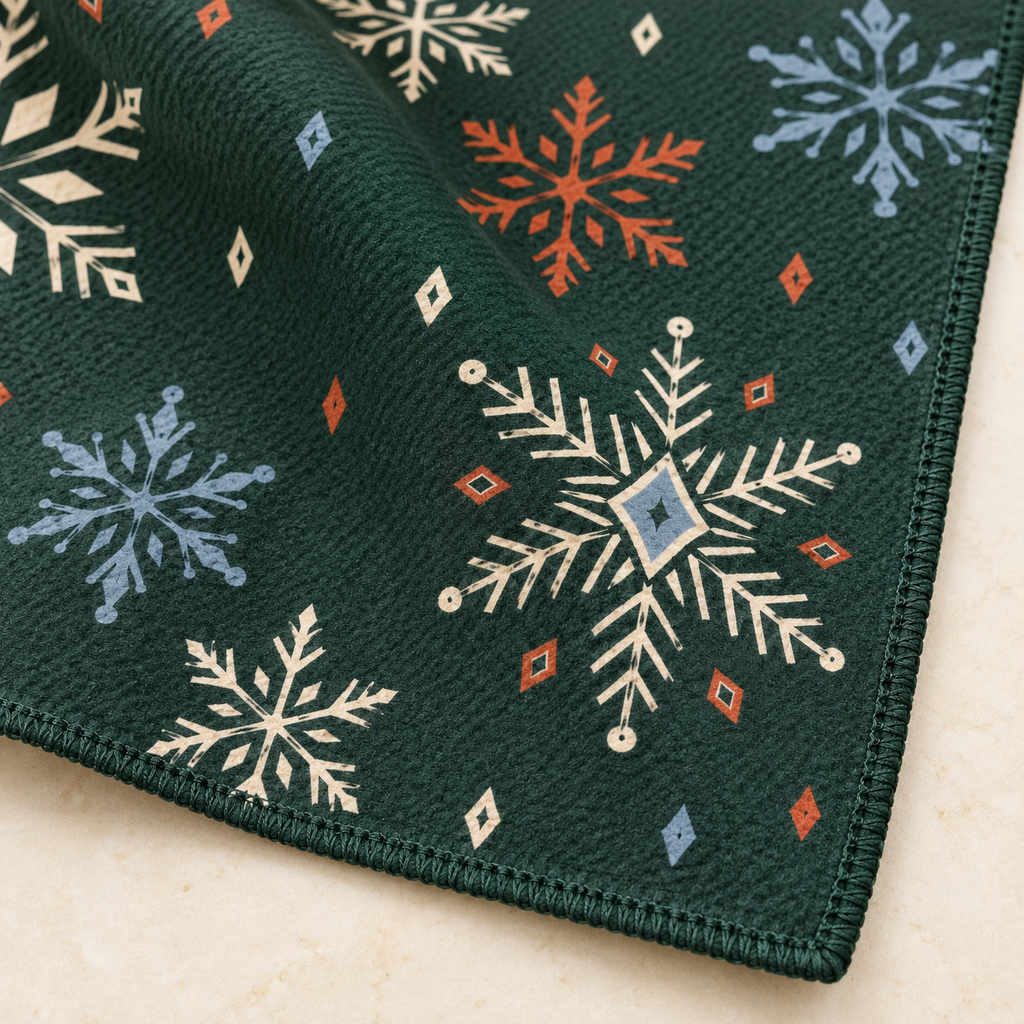 Nordic Snowflakes tea towel — fabric detail, subtle waffle texture and matching overlocked edges