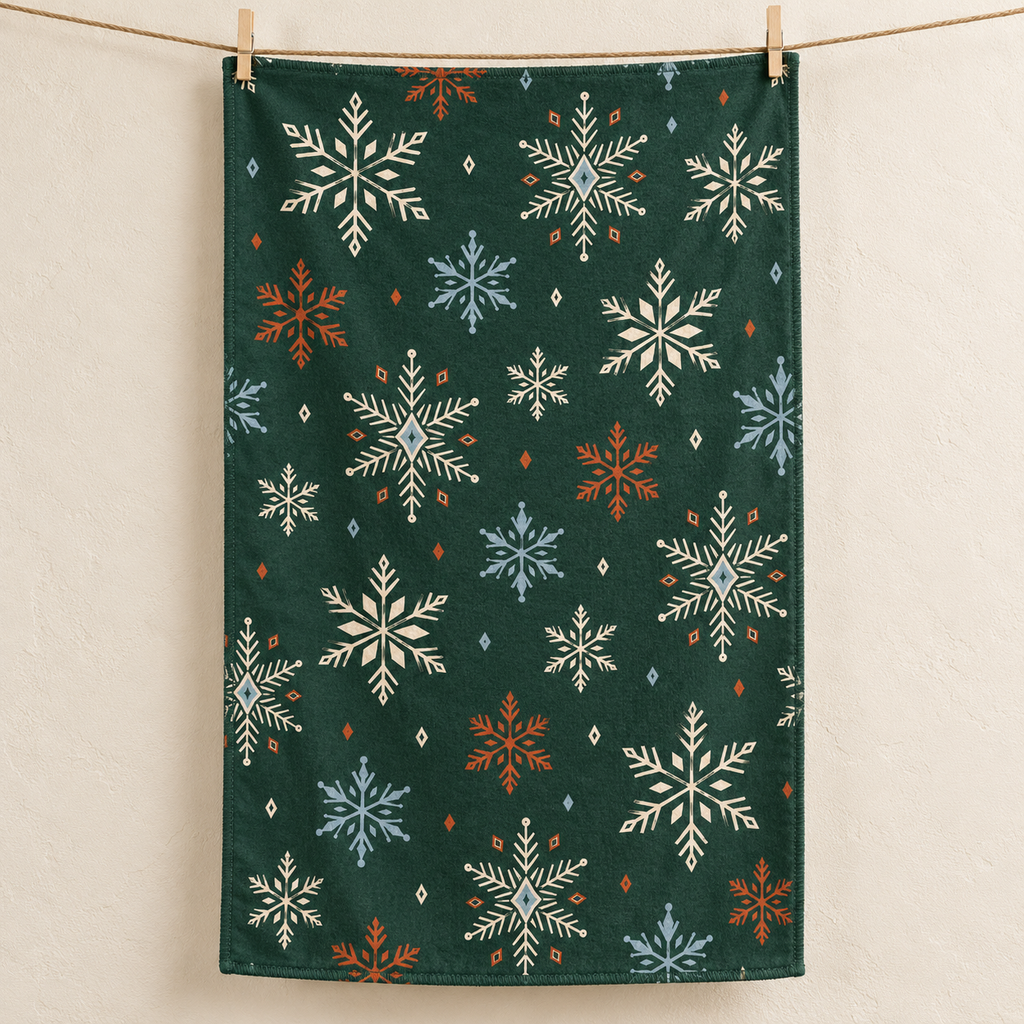 Nordic Snowflakes tea towel — hero, subtle waffle texture and matching overlocked edges