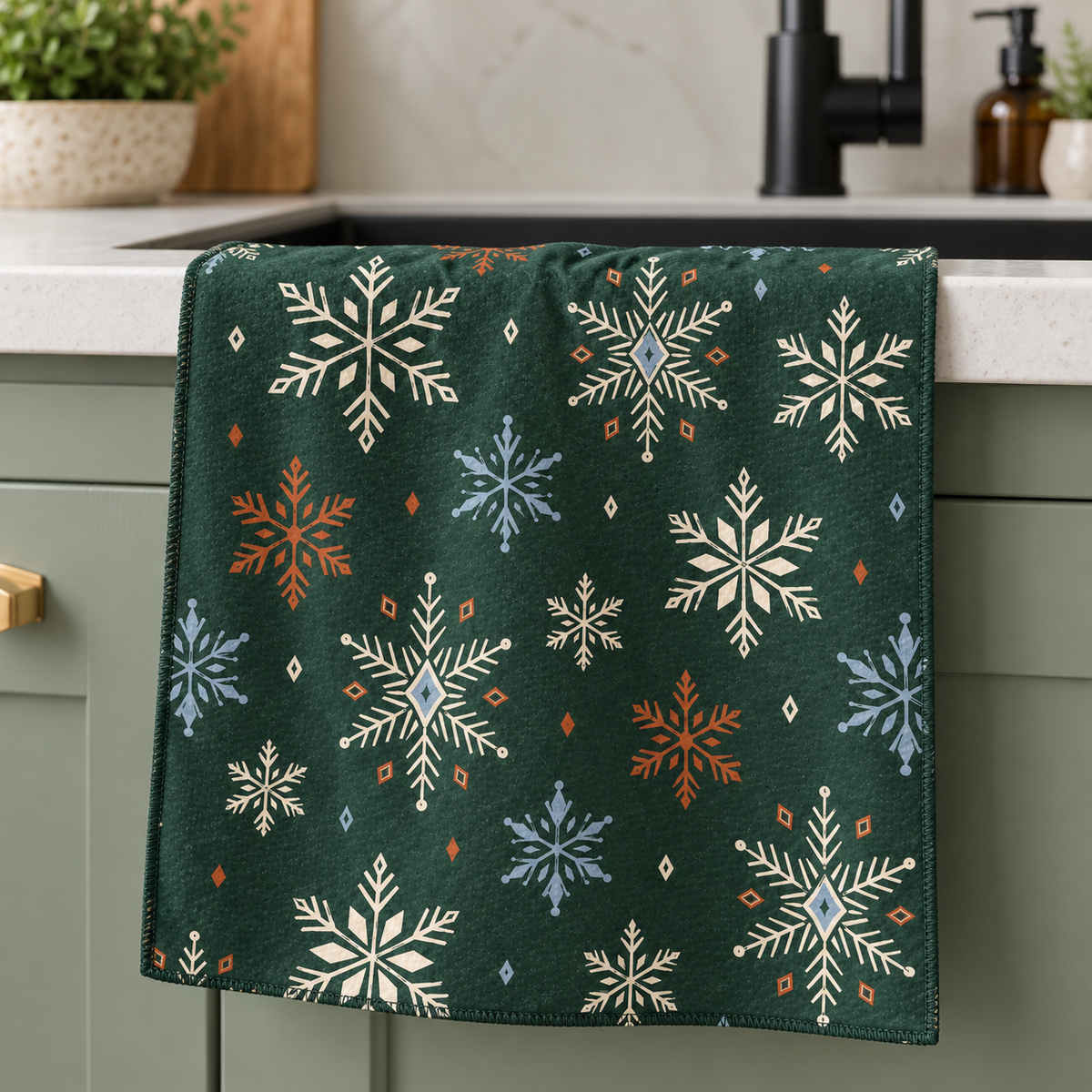 Nordic Snowflakes tea towel — kitchen, subtle waffle texture and matching overlocked edges