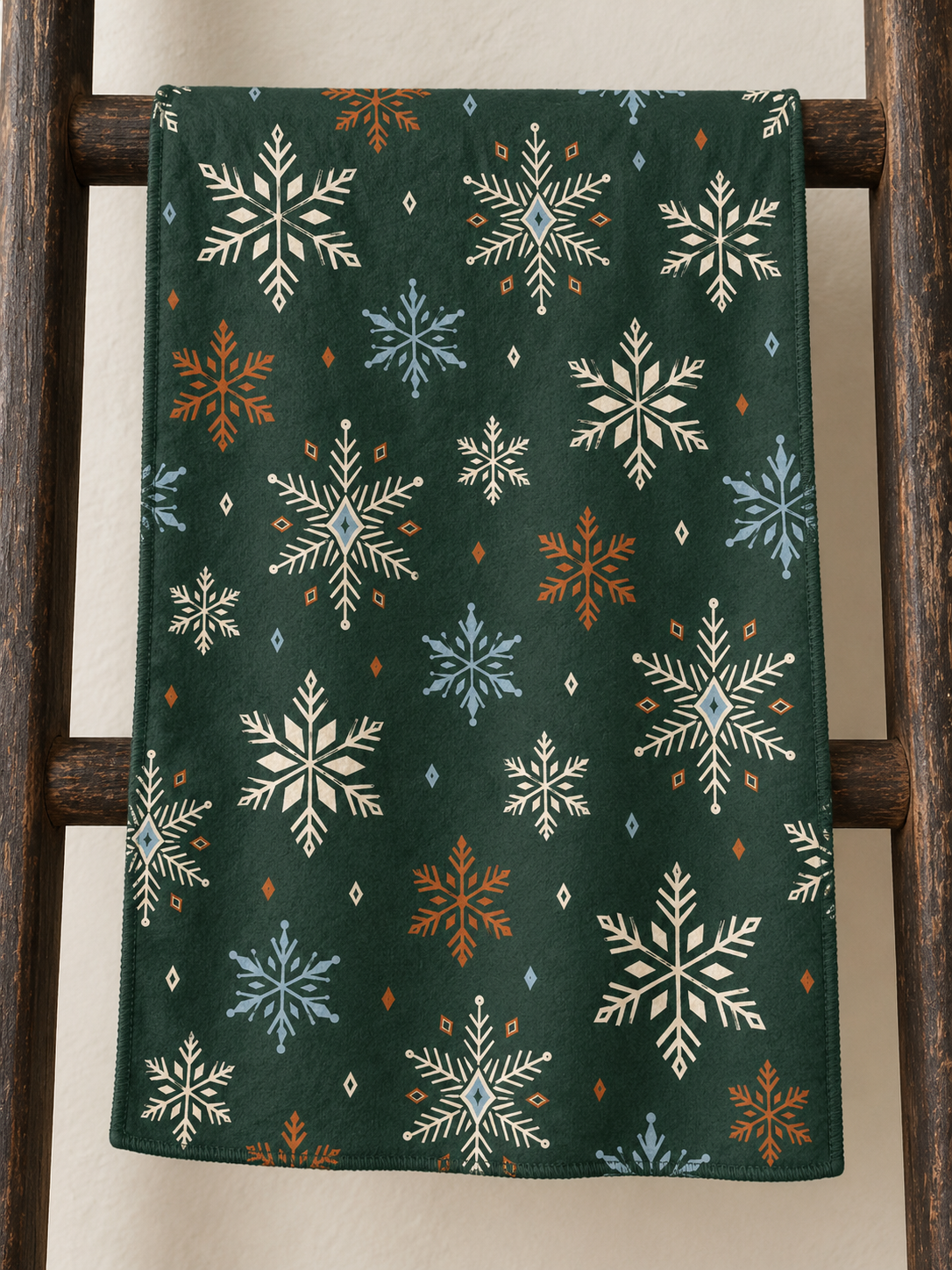 Nordic Snowflakes tea towel — ladder, subtle waffle texture and matching overlocked edges