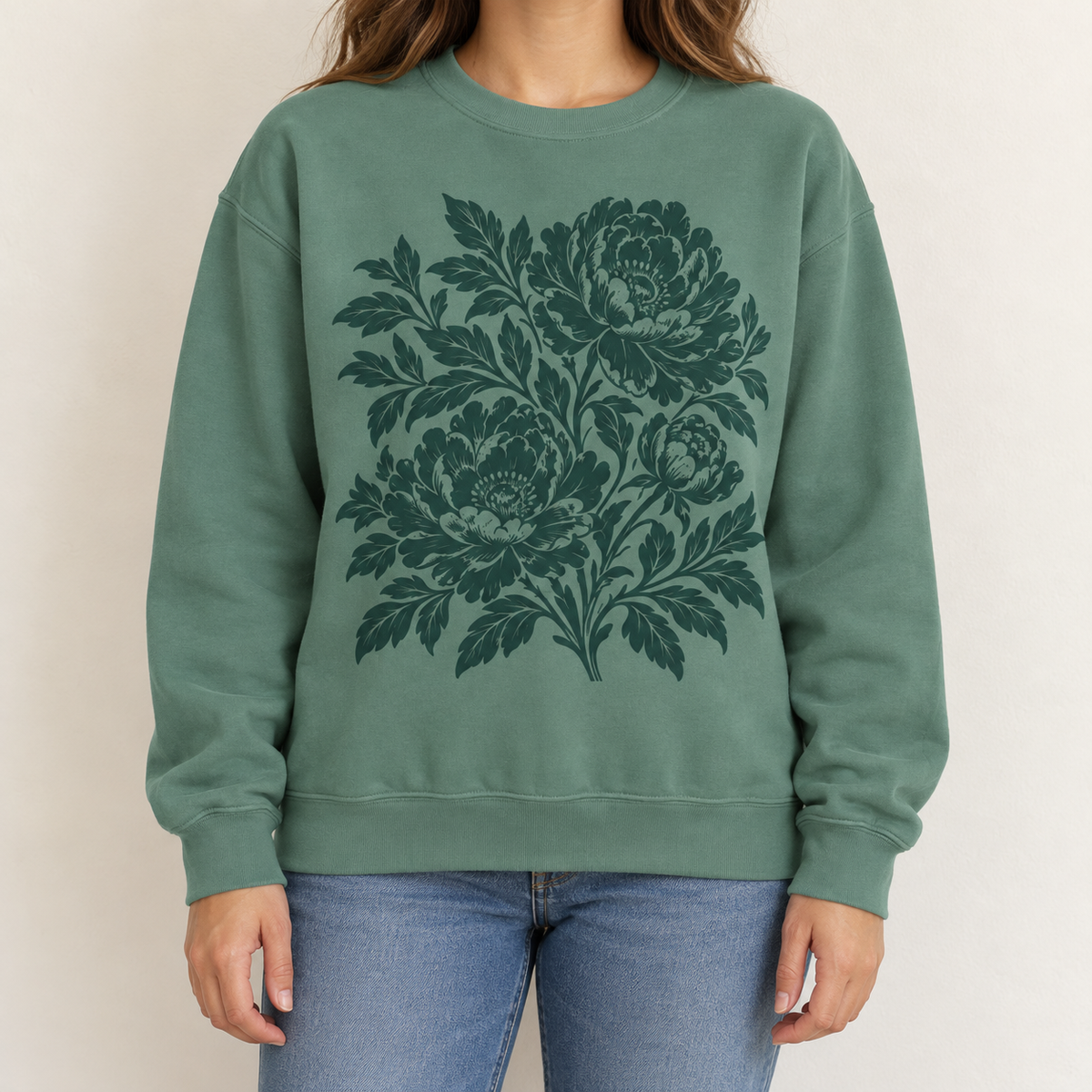 peony sweat green worn product mock-up