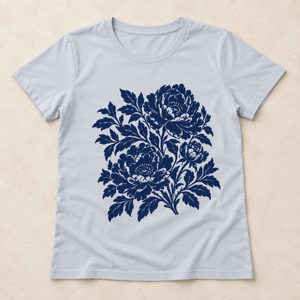 Powder blue cotton tee with navy peony print — flat lay