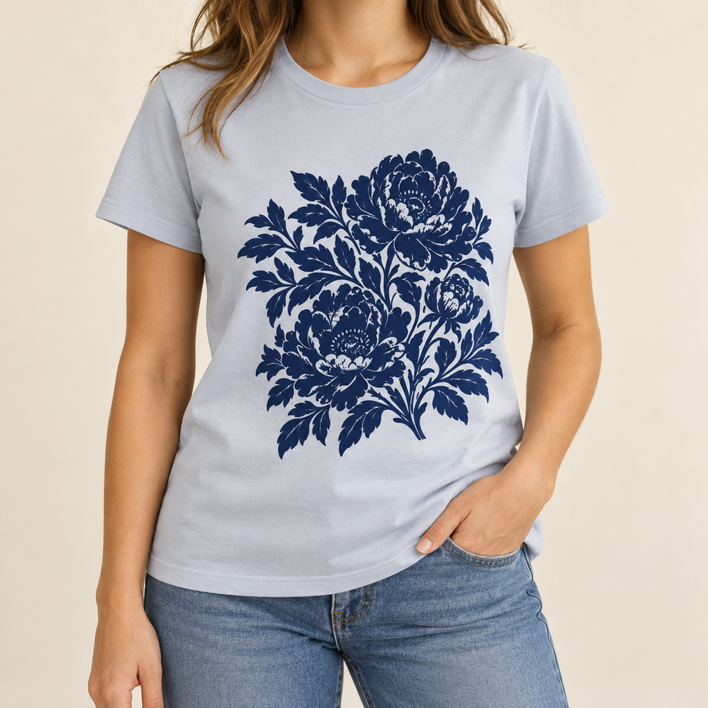 Powder blue cotton tee with navy peony print — worn view