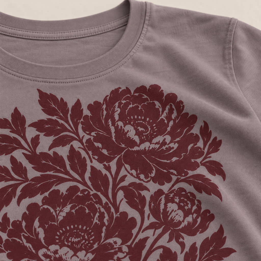 Mauve cotton tee with maroon peony print — print and fabric close-up