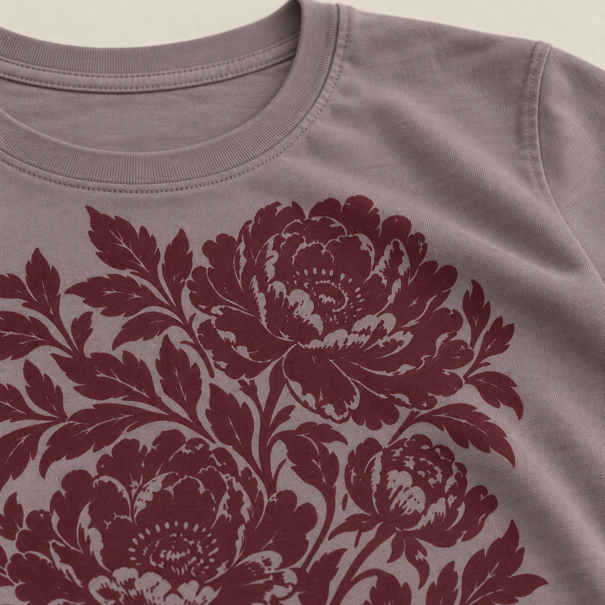 Mauve cotton tee with maroon peony print — print and fabric close-up