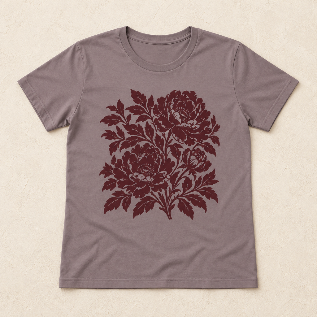 Mauve cotton tee with maroon peony print — flat lay