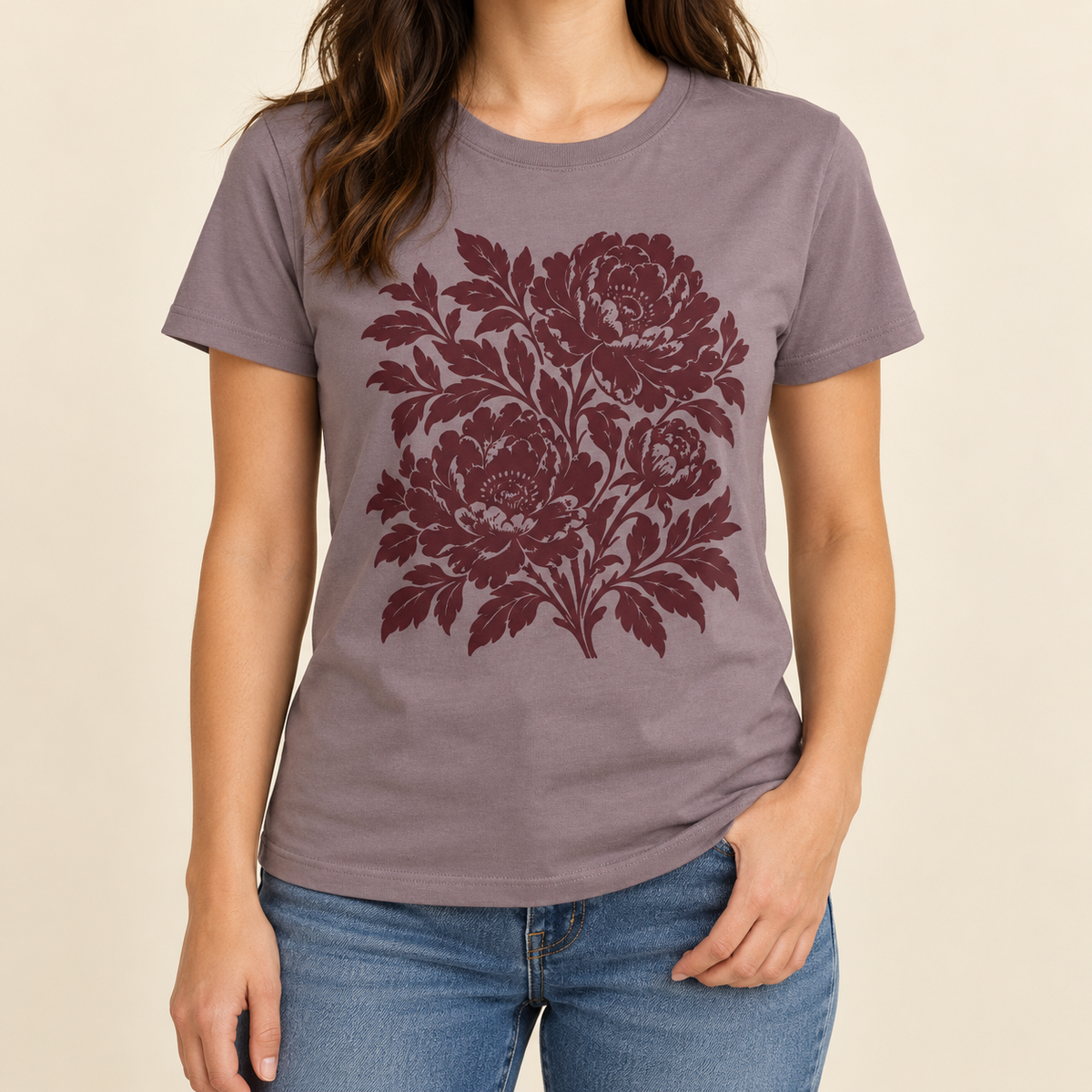 Mauve cotton tee with maroon peony print — worn view
