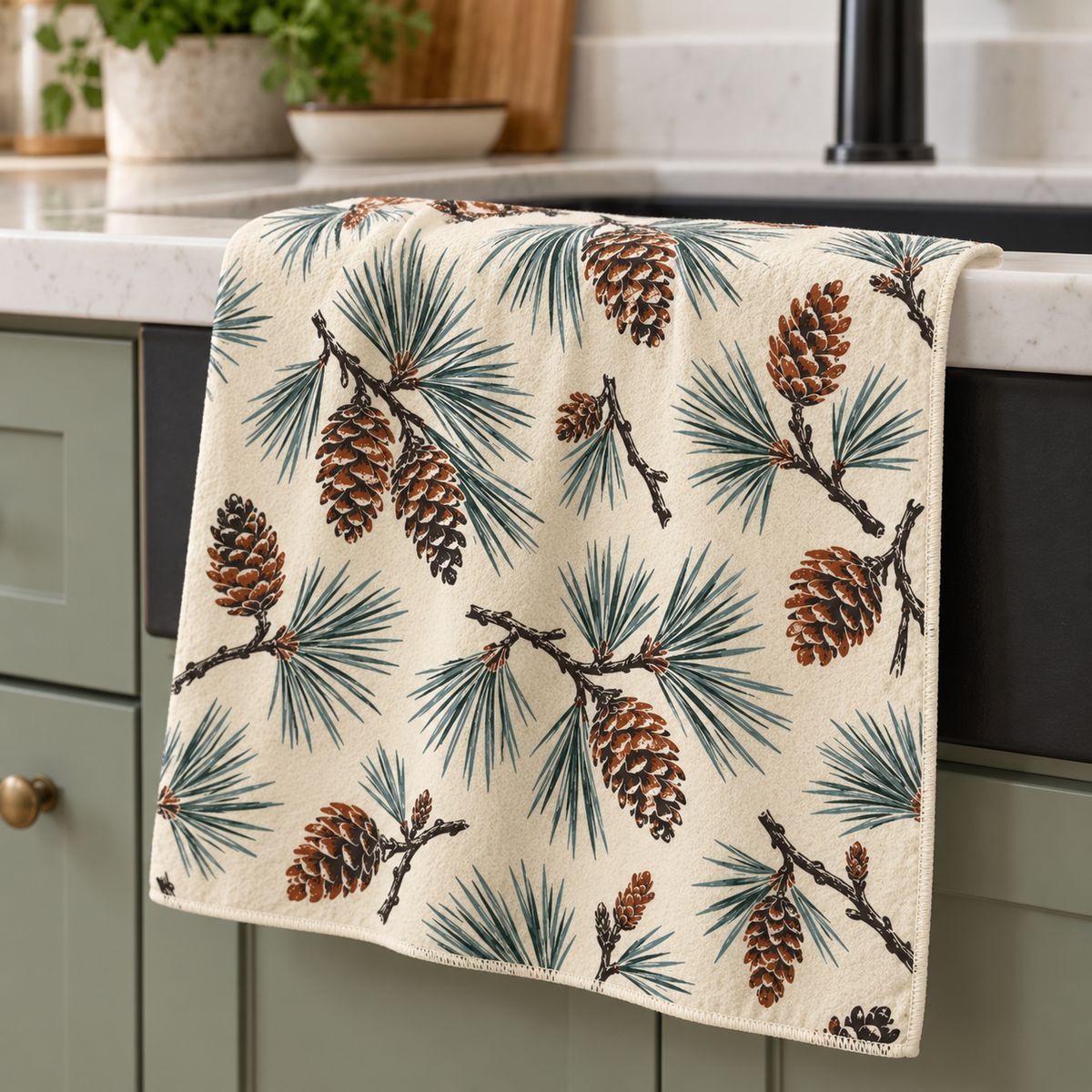 Ponderosa Pines and Cones tea towel — kitchen, subtle waffle texture and matching overlocked edges