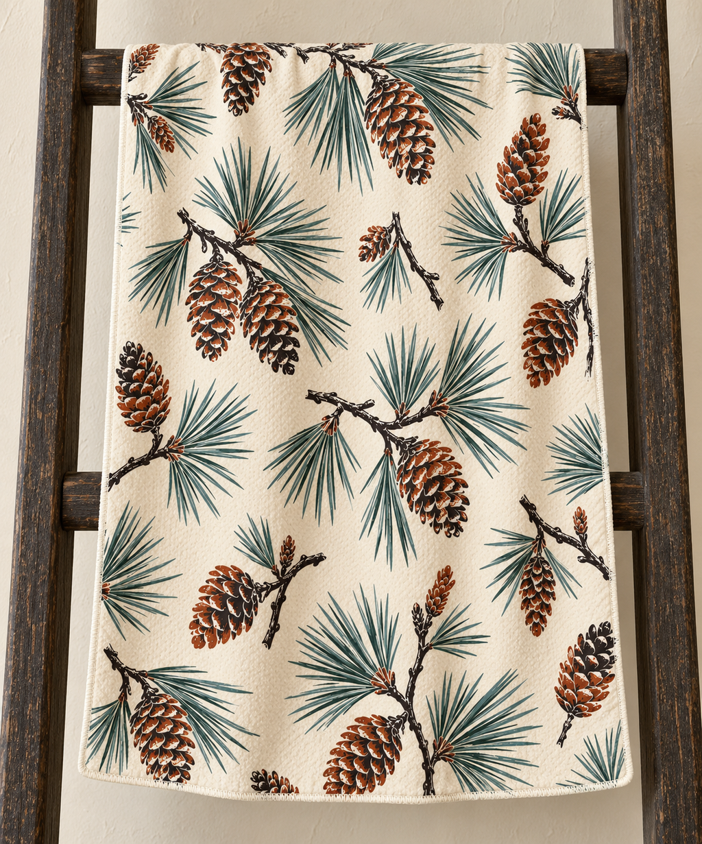 Ponderosa Pines and Cones tea towel — ladder, subtle waffle texture and matching overlocked edges