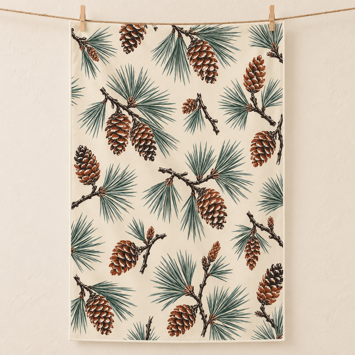 Pine & Cone Pattern Microfiber Tea Towel — cream wall hero