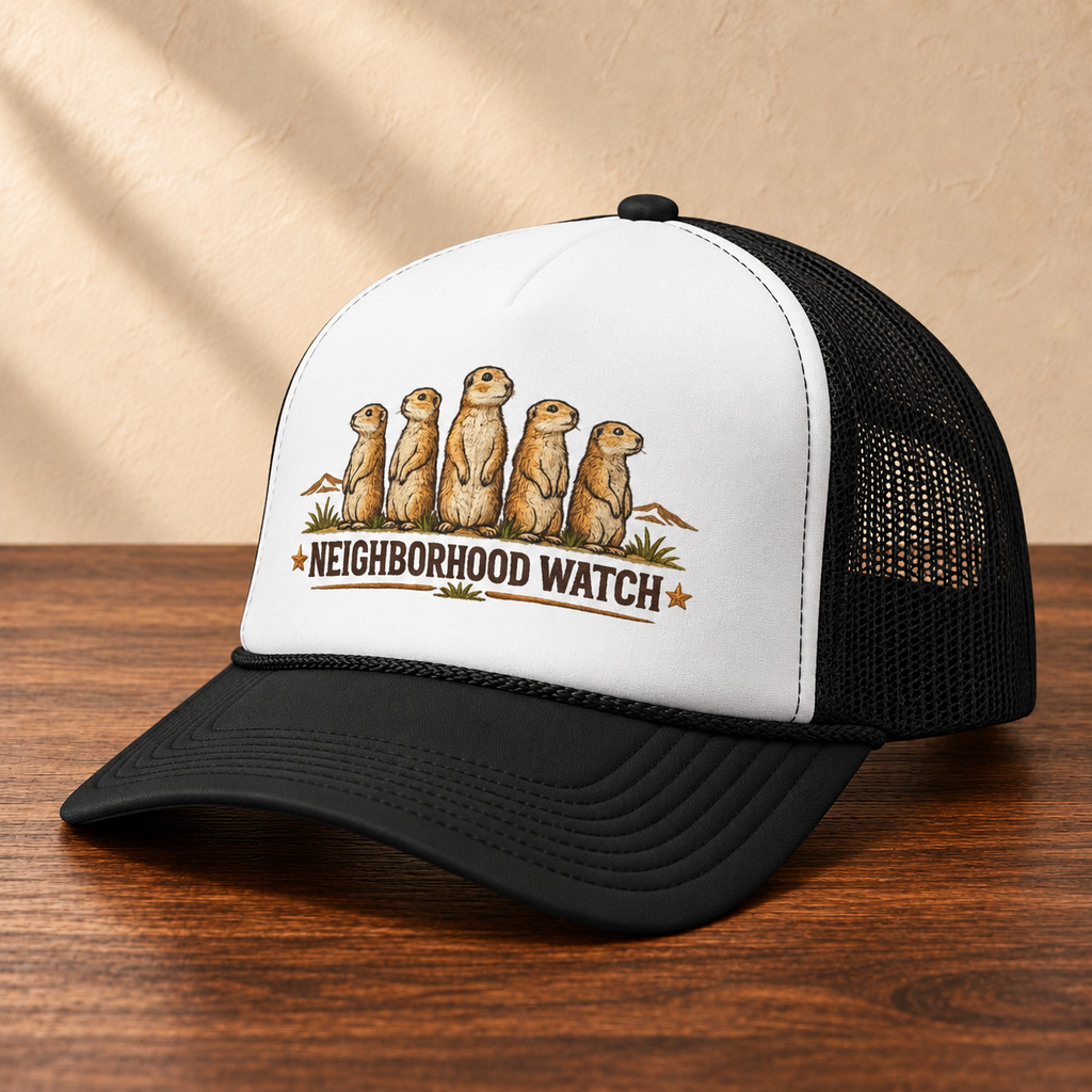 Neighborhood Watch Prairie Dogs Foam Trucker Hat, angled studio view on dark wood against a cream wall