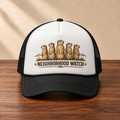 Neighborhood Watch Prairie Dogs Foam Trucker Hat, front studio view on dark wood against a cream wall