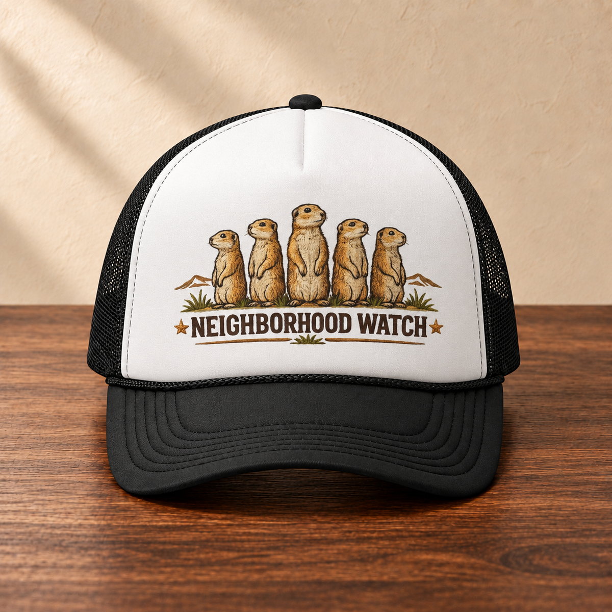 Neighborhood Watch Prairie Dogs Foam Trucker Hat, front studio view on dark wood against a cream wall