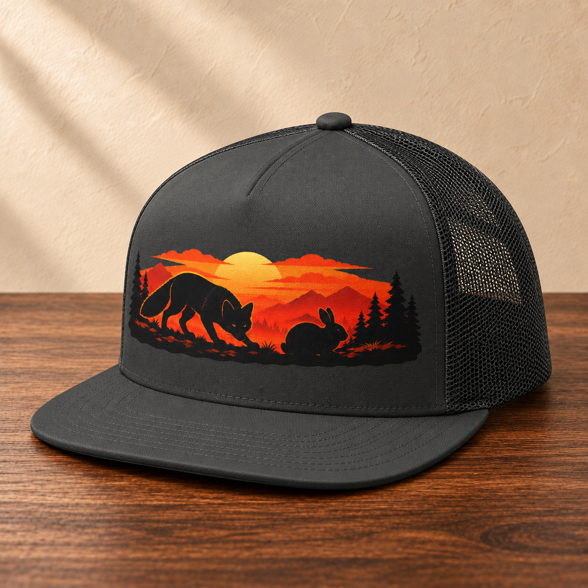 On the Hunt Trucker Cap — Mountain Silhouette Snapback, angled studio view on dark wood against a cream wall