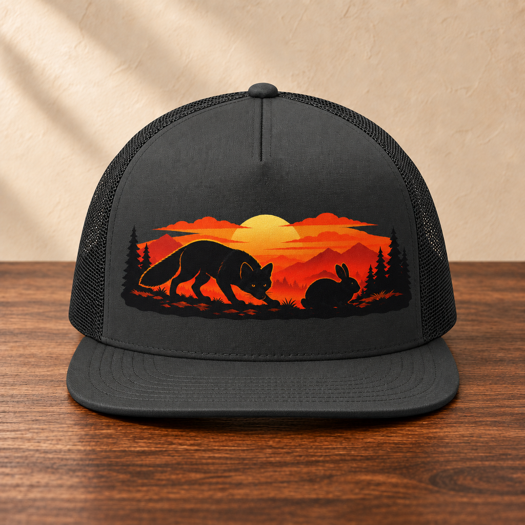 On the Hunt Trucker Cap — Mountain Silhouette Snapback, front studio view on dark wood against a cream wall