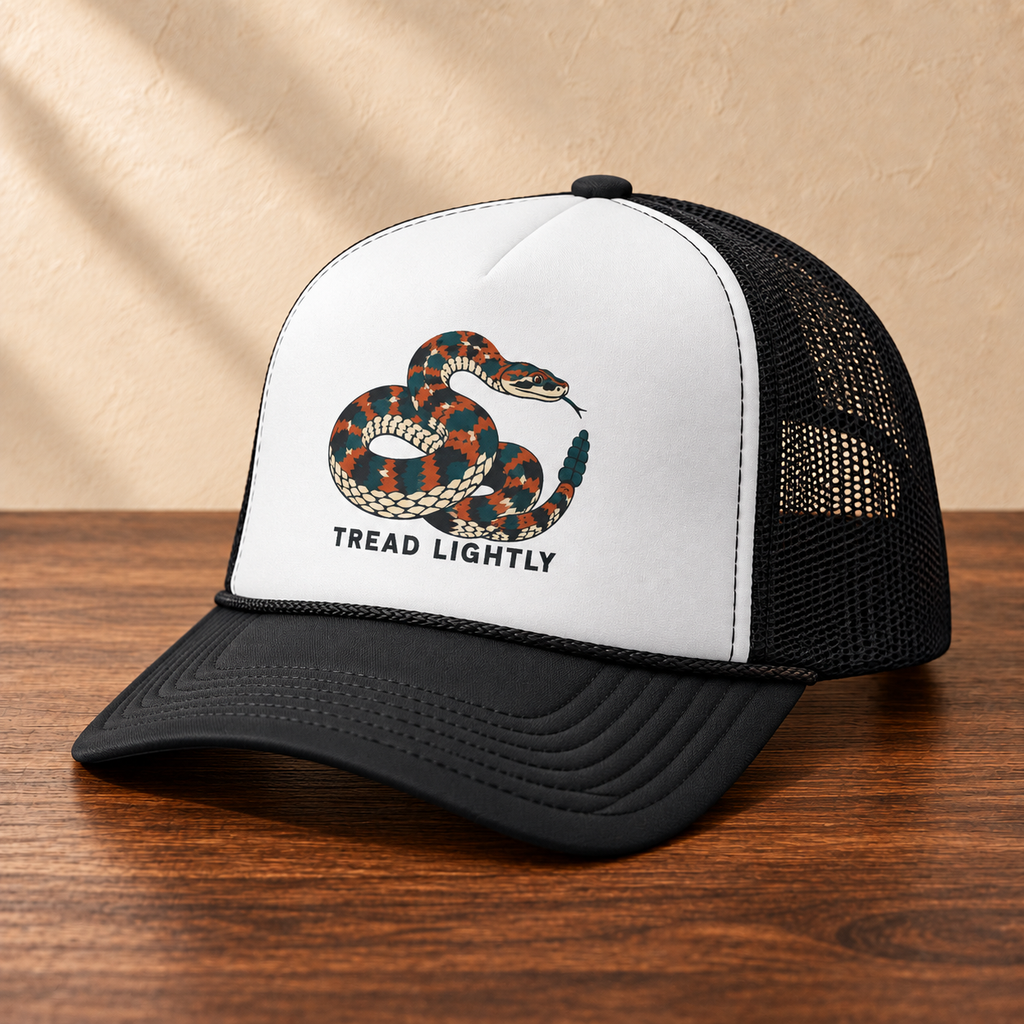 Tread Lightly Snake Trucker Hat — Retro Warning Graphic Foam Cap, angled studio view on dark wood against a cream wall