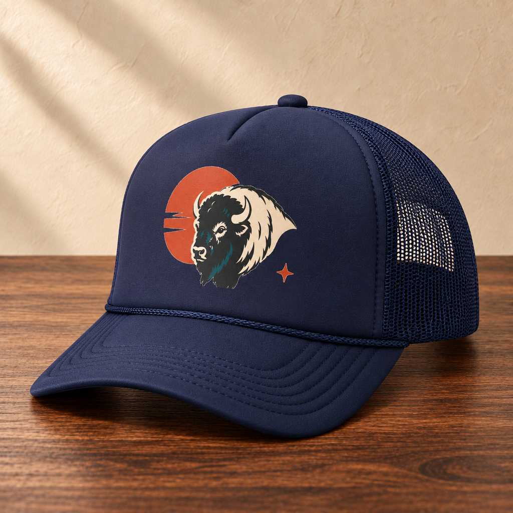 Buffalo Sunset Trucker Hat — Retro Bison Foam Cap, angled studio view on dark wood against a cream wall