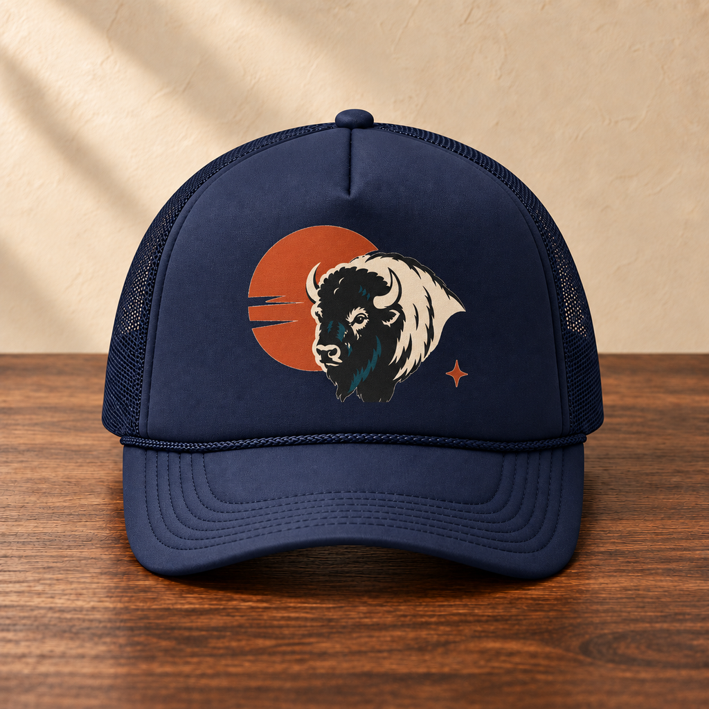 Buffalo Sunset Trucker Hat — Retro Bison Foam Cap, front studio view on dark wood against a cream wall