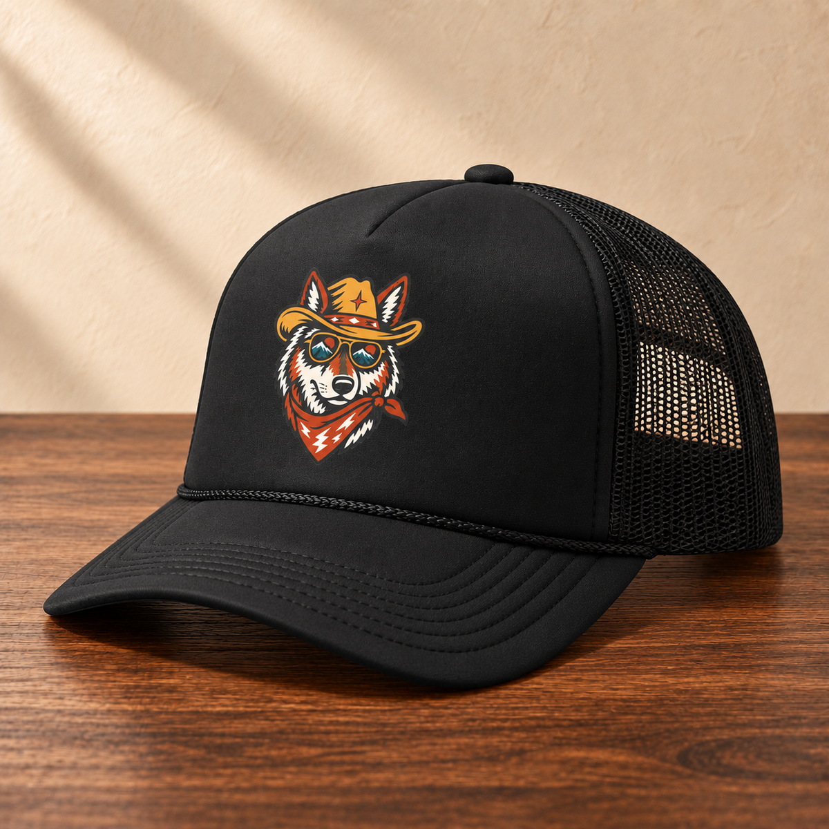 Cowboy Tala Trucker Hat — Western Cowboy Fox Foam Cap, angled studio view on dark wood against a cream wall