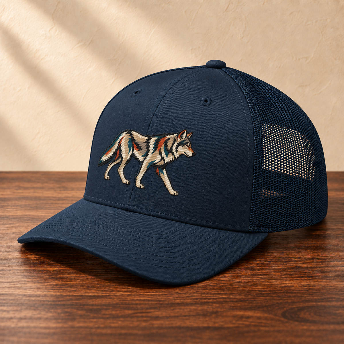 Wolf Embroidered Trucker Hat, angled studio view on dark wood against a cream wall