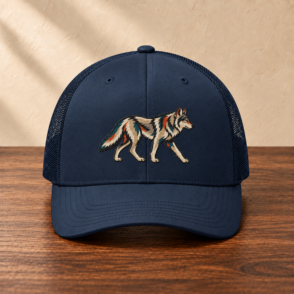 Wolf Embroidered Trucker Hat, front studio view on dark wood against a cream wall