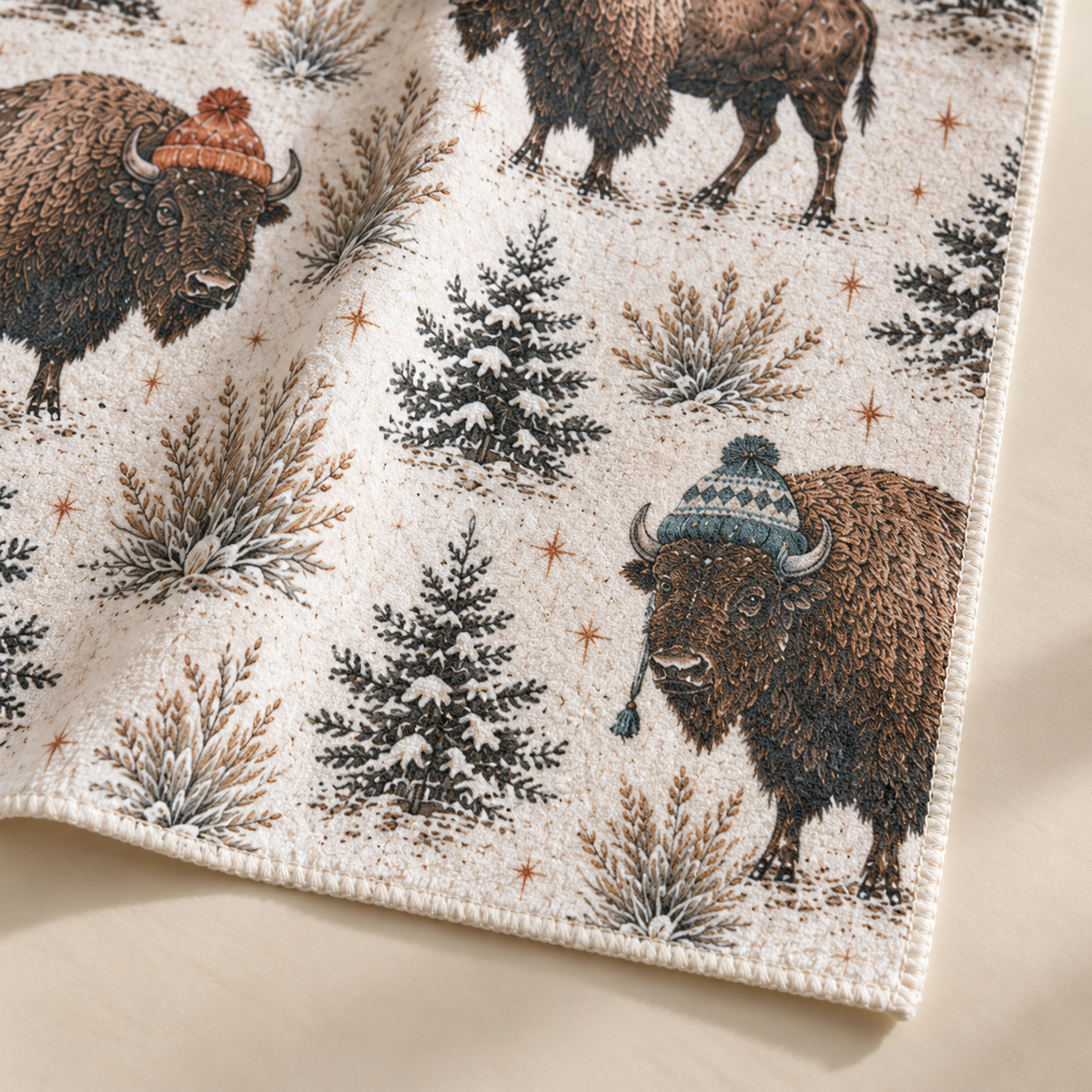 Winter Bison tea towel — fabric detail, subtle waffle texture and matching overlocked edges
