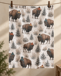 Winter Bison tea towel — hero, subtle waffle texture and matching overlocked edges