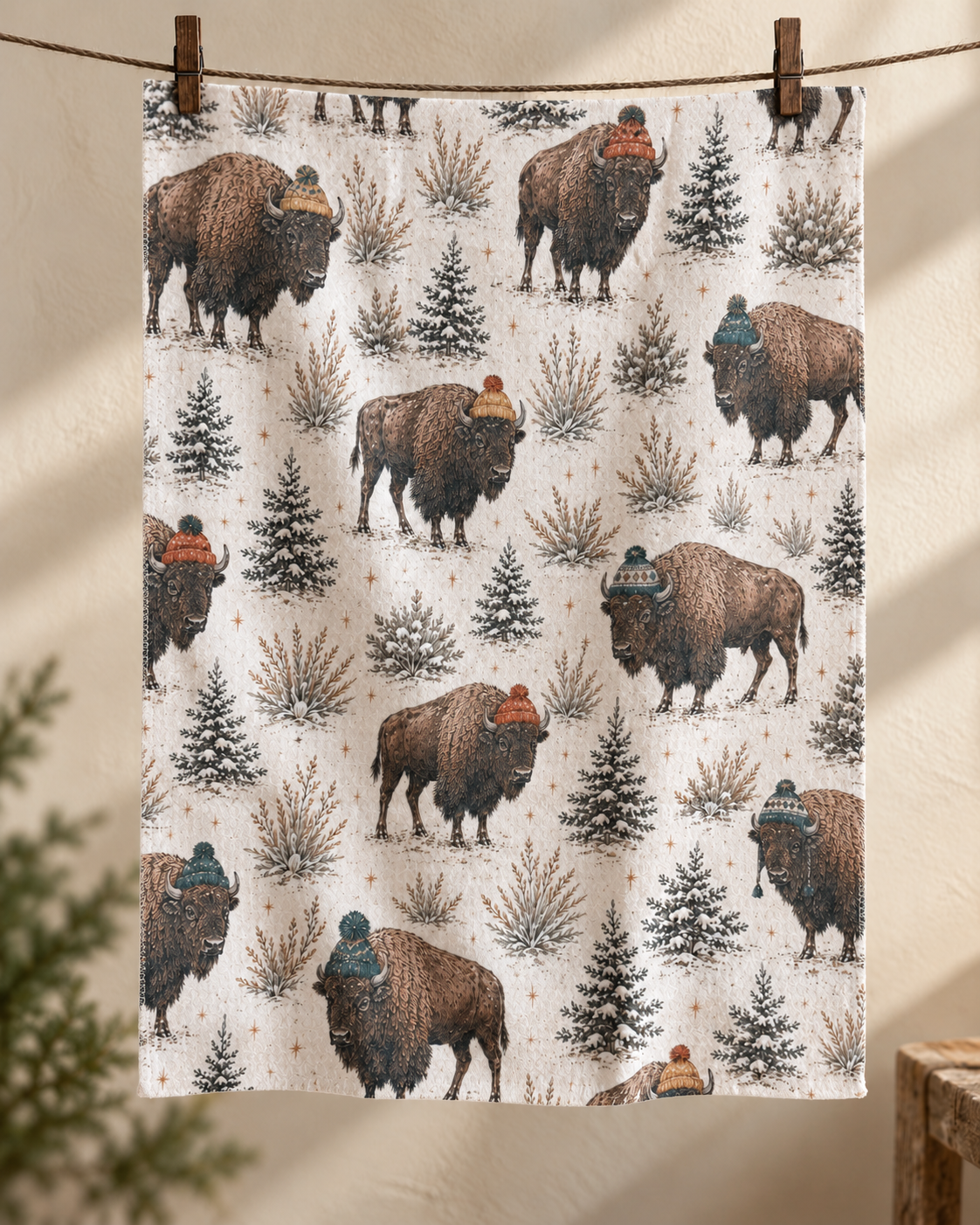 Winter Bison tea towel — hero, subtle waffle texture and matching overlocked edges